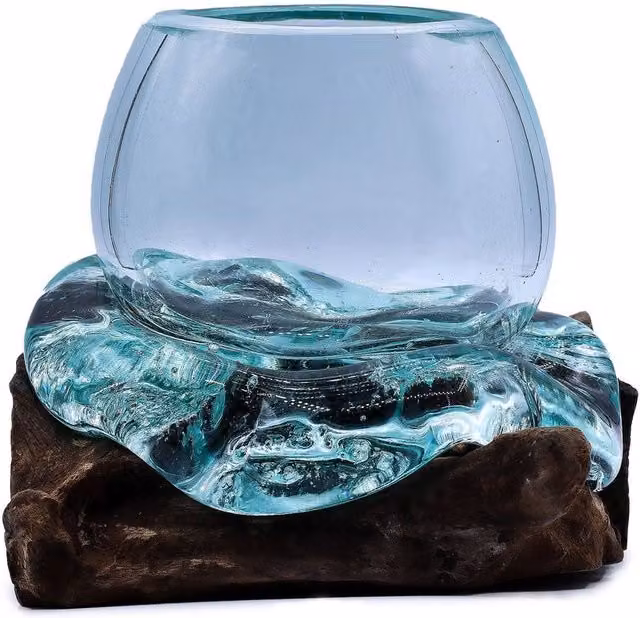 Serenityy Handcrafted Luxury Molten Glass Tabletop Ornament in Transparent with Natural Wood Base, Diameter: 20 cm
