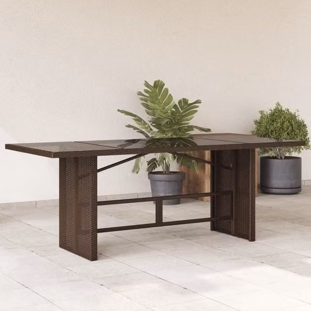 Berkfield Home Modern Brown Poly Rattan Garden Table with Glass Top, W/D/H: 190 x 80 x 75 cm