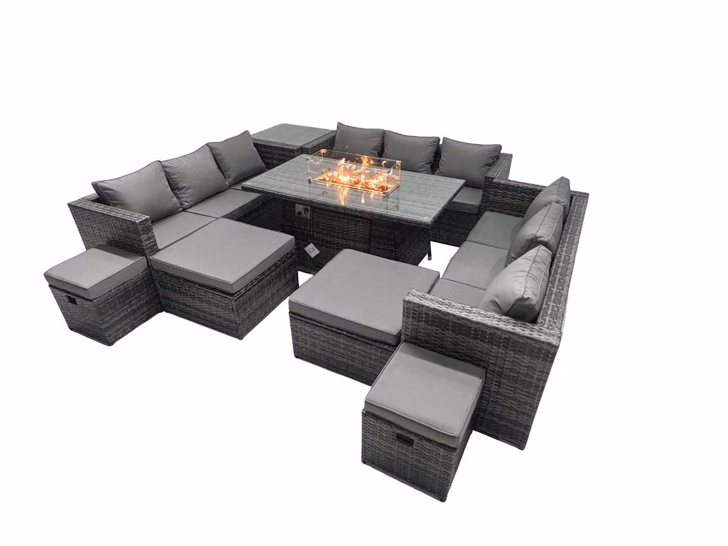 Fimous 13 Seater Rattan Garden Furniture Firepit Dining Set with Lounge Sofa, Firepit Dining Table, 4 Footstools and Side Tables in Dark Grey – 2