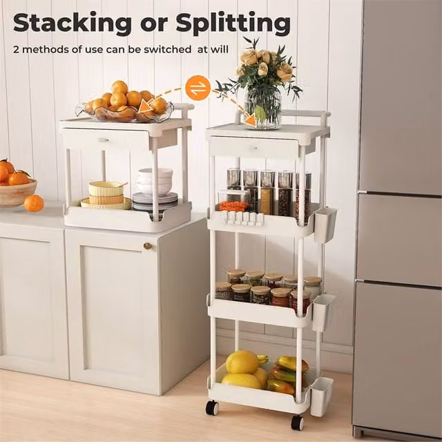 Kelvenix Modern Metal 4 Tier Storage Trolley on Wheels in Matt White, H 104.4 x W 37.0 x D 33.0 cm – 1