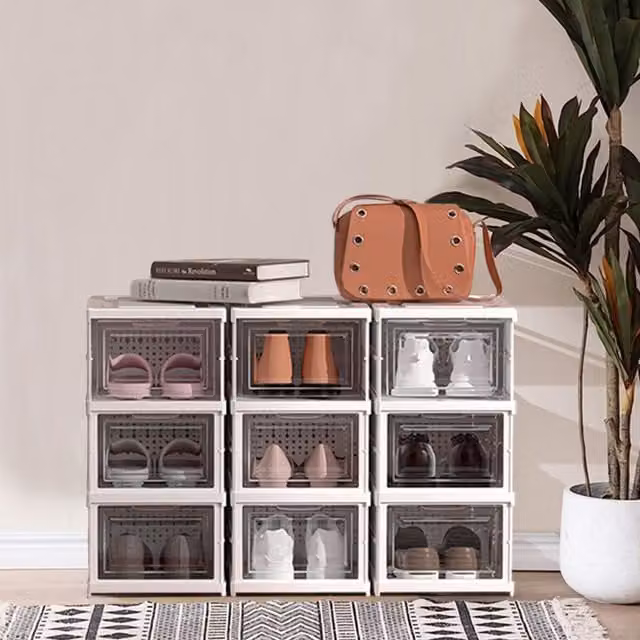 Livingandhome Foldable and Stackable Transparent Shoe Storage Box, White
