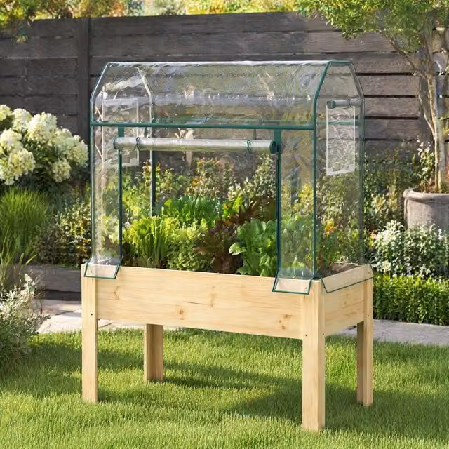 STILVORA Raised Planter Bed with Greenhouse Cover in Brown and Sand