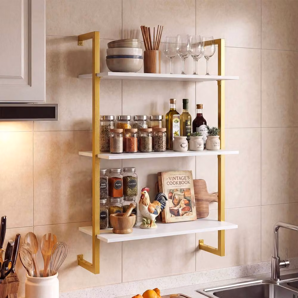 Gymax 3-Tier Wall Mounted Coffee Bar Shelf and Hanging Display Storage Rack in White – 6