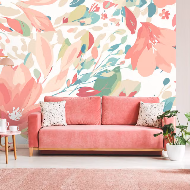 Origin Murals Flowing Flowers Floral Textile in Coral Pink, Medium