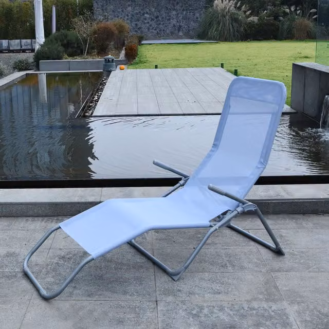 Outdoor Essentials Barcelona Sun Lounger in Blue with Armrests and Textilene Fabric
