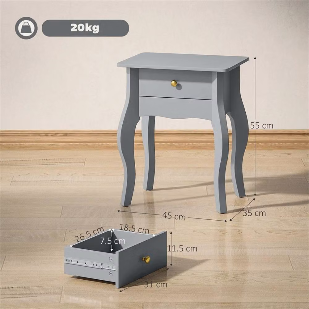 Nordara French Style End Table with Drawer and Curved Legs, Grey, W: 45 cm, D: 40 cm, H: 55 cm – 2