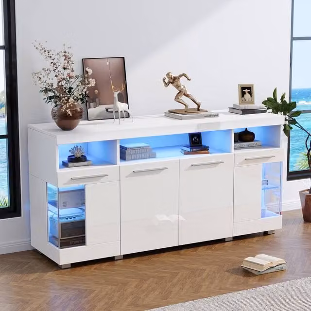Merax White High Gloss Modern Sideboard with Integrated LED Lighting and Glass Shelves, W: 140 cm