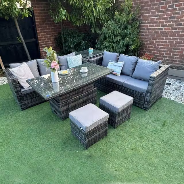 Furniture One Designs Grey Rattan Wicker Garden Lounge Set with Cushions, 2x3 Seater Sofas, 2x Stools, 1x Rising Table and 1x Side Table