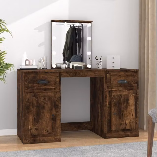 Berkfield Home Dressing Table with LED in Smoked Oak Brown, W/D/H: 130 x 50 x 132.5 cm – 1