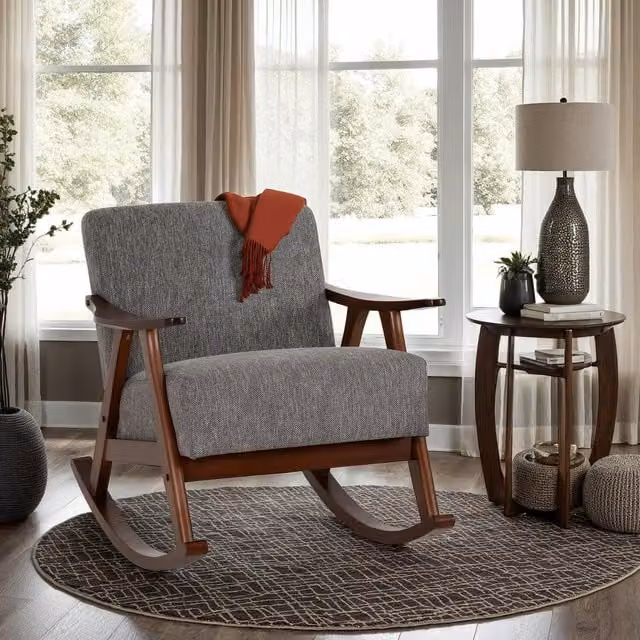 Seconique Kendra Mid-Century Rocking Chair in Grey Fabric with Solid Wood Frame and Armrests