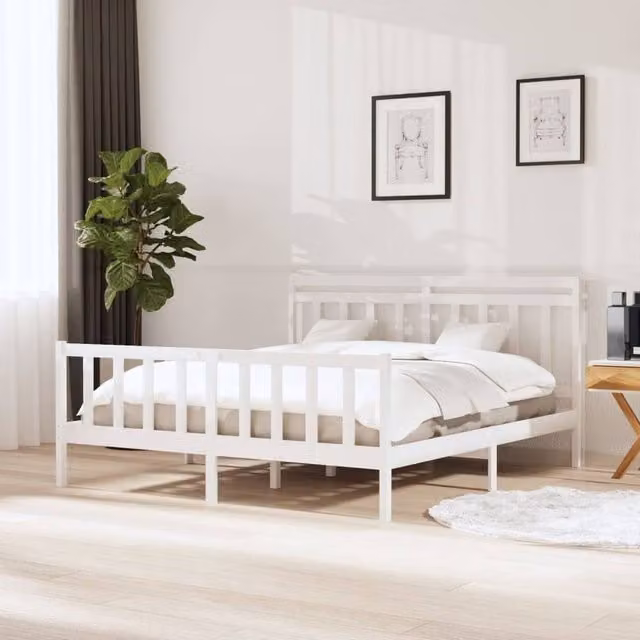 Berkfield Home White Solid Pine Wood Bed Frame W/D/H: 160 x 200 cm