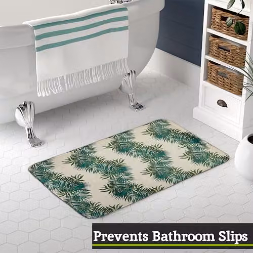 Orsina Green and White Floral Palm Leaf Bath Mat, Non-Slip Rectangular Polyester Doormat, W/D/H: 80.0 x 50.0 x 1.0 cm – 5