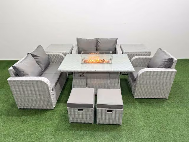 Fimous Grey Poly Rattan Garden Furniture Set with Reclining Chair, Loveseat Sofa, Firepit Dining Table, 2 Stools and 2 Side Tables