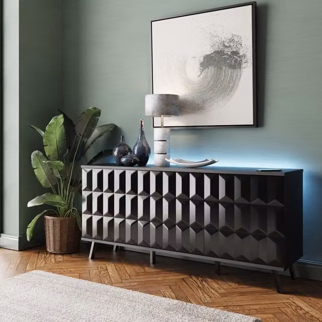 Frank Olsen Furniture Elevate Large Modern Sideboard in Black with Integrated Lighting and Glossy Geometric Design