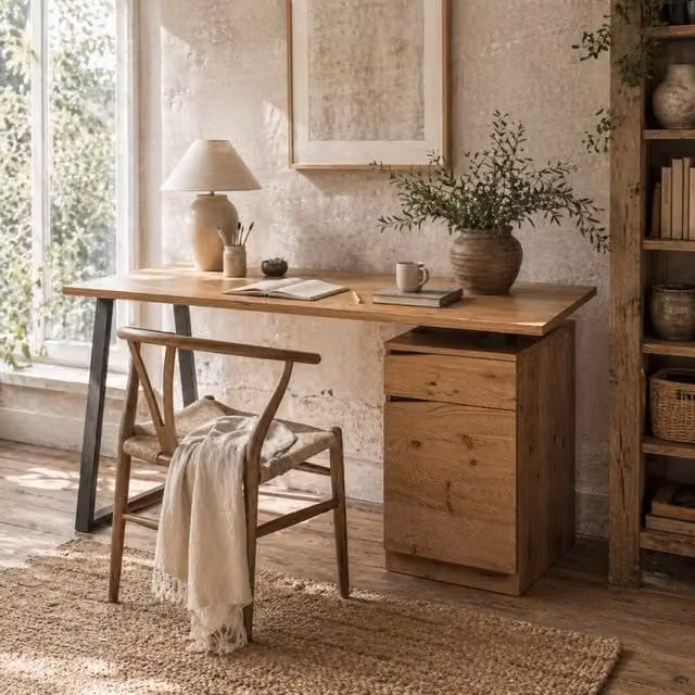 Wyld Haus Nolole Writing Desk with Single Pedestal Drawer in Brown and Black Wood and Metal Finish, W: 135 cm, H: 75 cm, D: 60 cm
