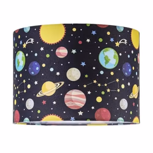 Happy Homewares Outer Space Cylinder Lamp Shade with Colourful Planets and Stars in Blue and Multicolour
