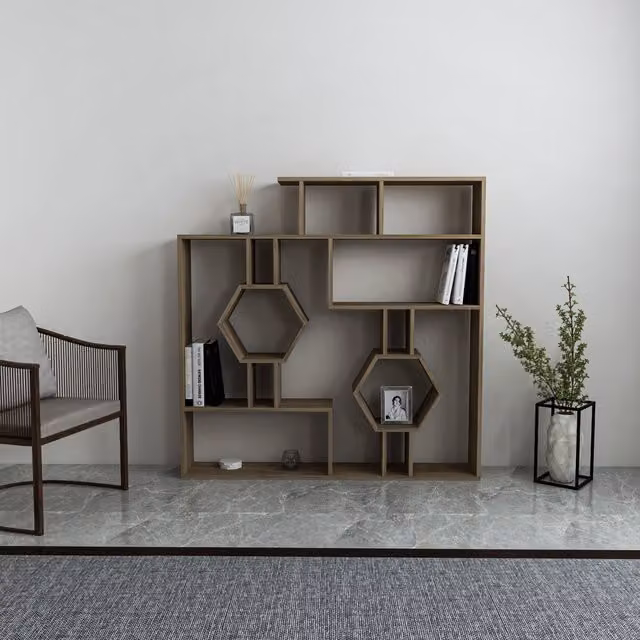 Decorotika Tamara Geometric Modern Bookshelf in Walnut Brown