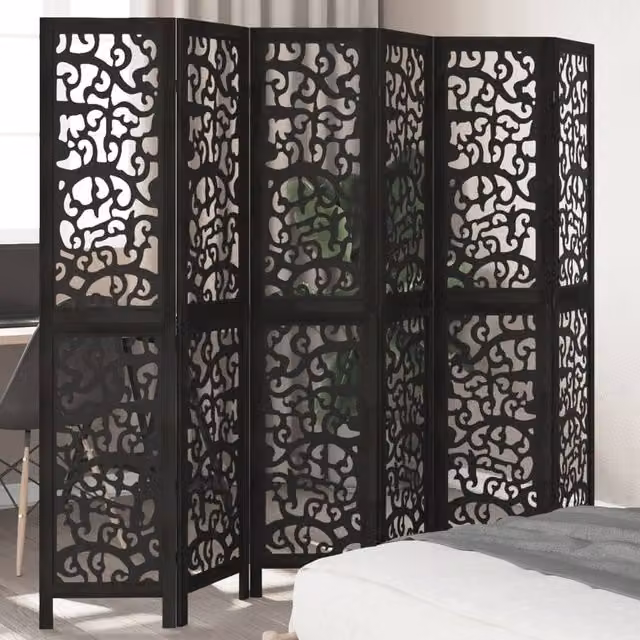 Berkfield Home 6 Panel Room Divider in Black Solid Paulownia Wood – 1