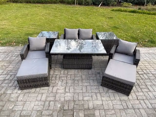 Fimous High Back Rattan Garden Furniture Set in Dark Grey with Height Adjustable Lifting Table, 2 Side Tables and 2 Large Footstools