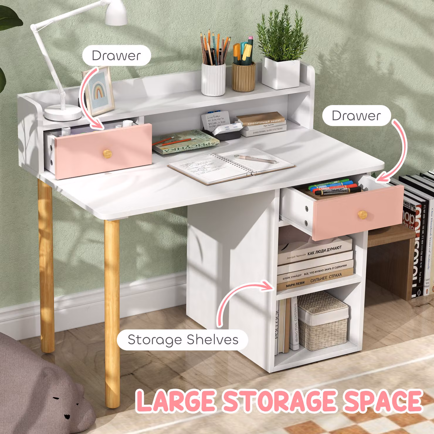 AIYAPLAY 2 Piece Childrens Study Desk and Chair Set with Hutch, Storage Drawer and Shelves, Pink and White – 3