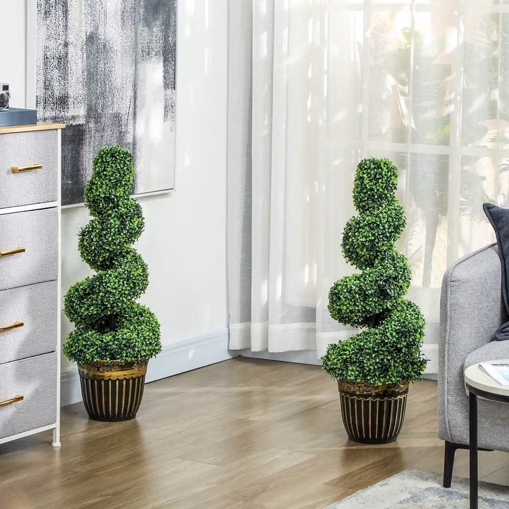 Ventryn Set of 2 Green Artificial Spiral Boxwood Topiary Trees, Height: 90 cm – 3
