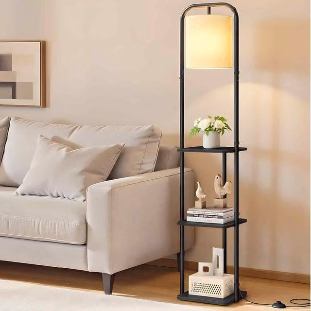 The Bazaarist Black Floor Lamp with Storage Shelves and LED Bulb