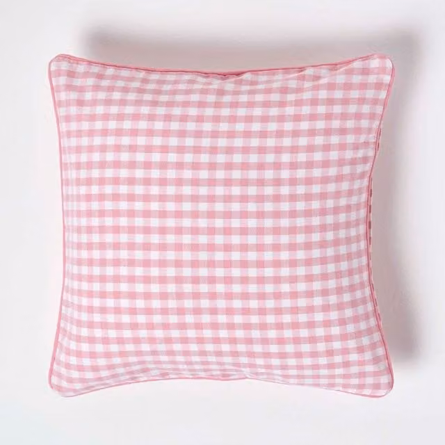 Homescapes Pink Cotton Gingham Check Square Cushion Cover, W/D/H: 45 x 45 x 1 cm
