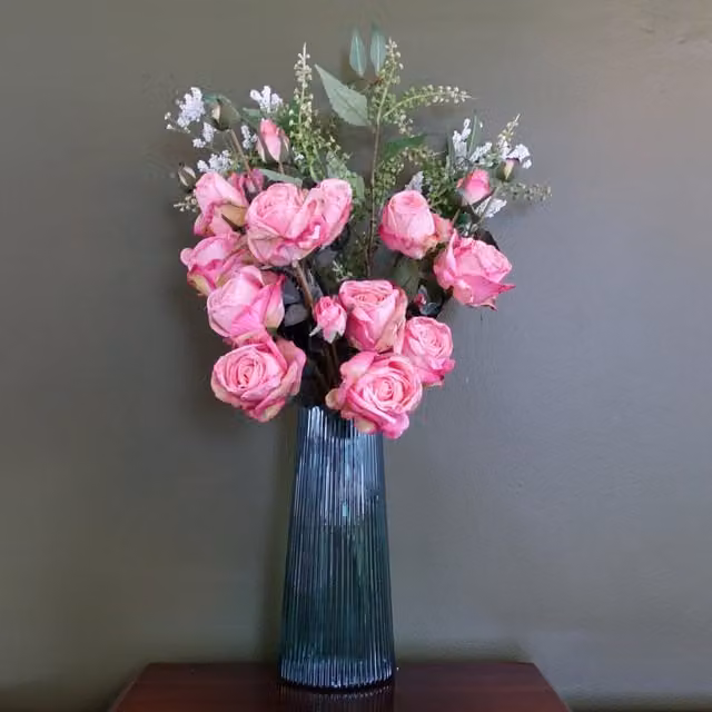 Pink Rose Artificial Flower Display in a Striped Round Glass Vase, H 28.0 cm x W 13.0 cm x D 13.0 cm
