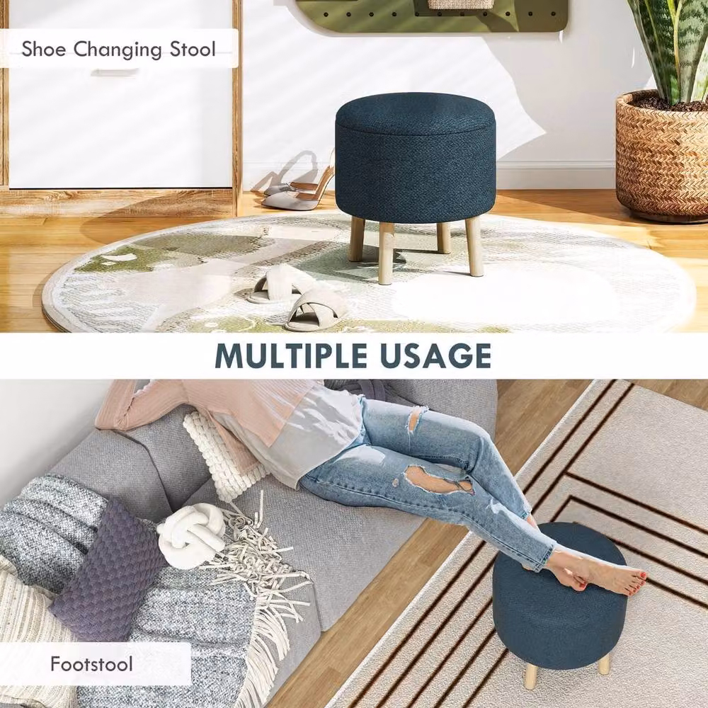 EONLION Round Storage Ottoman Stool in Blue with Cushioned Fabric Top, Diameter: 100 cm – 3