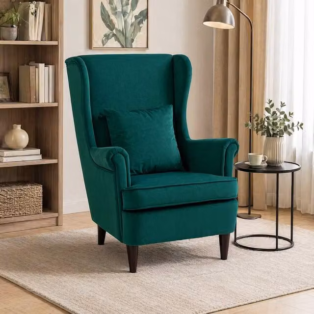 STILVORA Green Velvet Wingback Armchair with Pillow