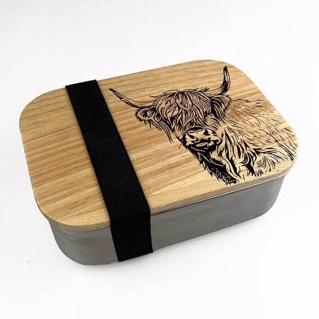 Selbrae House Highland Cow Lunch Box in Brown Wood and Stainless Steel