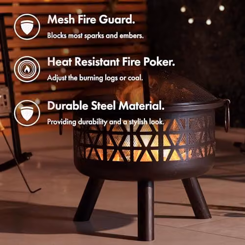 VonHaus Geometric Steel Fire Pit in Brown Bronze with Fire Poker and Mesh Guard, W/D/H: 55 x 55 x 55 cm – 2