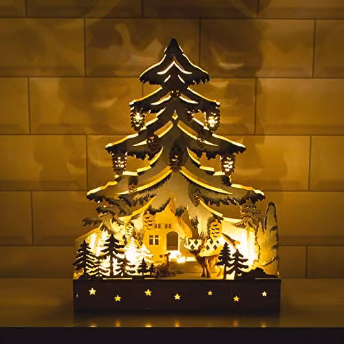 The Christmas Workshop Hand Crafted Wooden Festive Forest Scene Tabletop Decoration with Warm White LEDs in Brown and White – 3