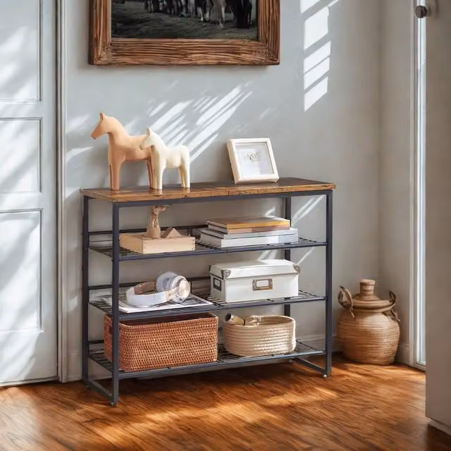 FURNOS 4-Tier Hallway Shoe Rack Storage with Adjustable Mesh Shelves in Brown
