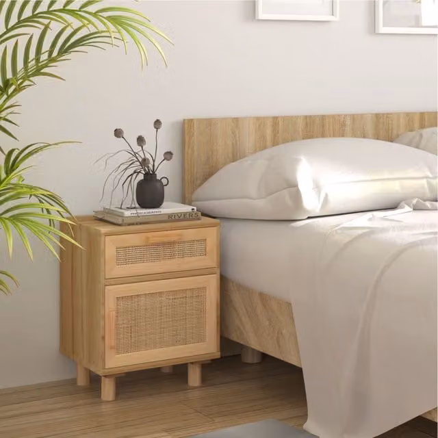 Berkfield Home Brown Solid Wood Pine and Natural Rattan Bedside Cabinet – 1