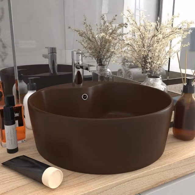 Berkfield Home Luxury Ceramic Round Countertop Wash Basin with Overflow, Matt Dark Brown, W/D/H: 36 x 36 x 13 cm