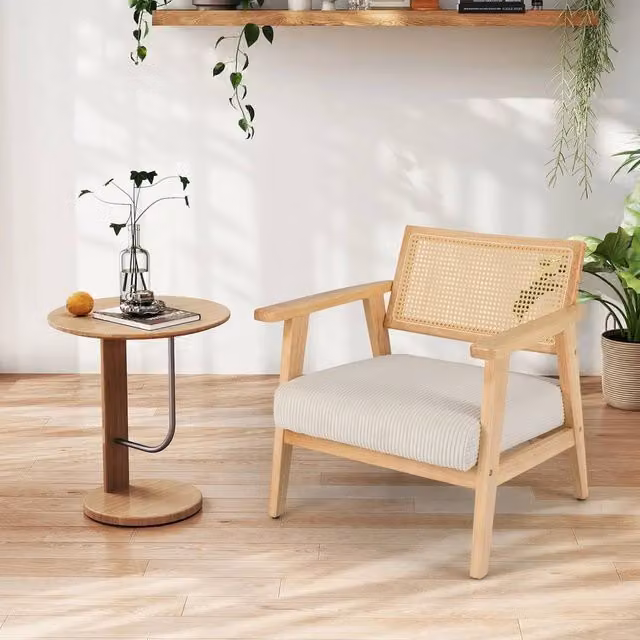 VOGREX Natural Mid-Century Lounge Chair with Rattan Back and Beige Fabric