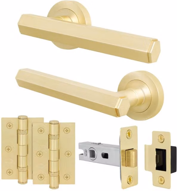 AFIT Satin Brass Door Handle Latch Set with Hinges in Gold, 150 x 150 mm