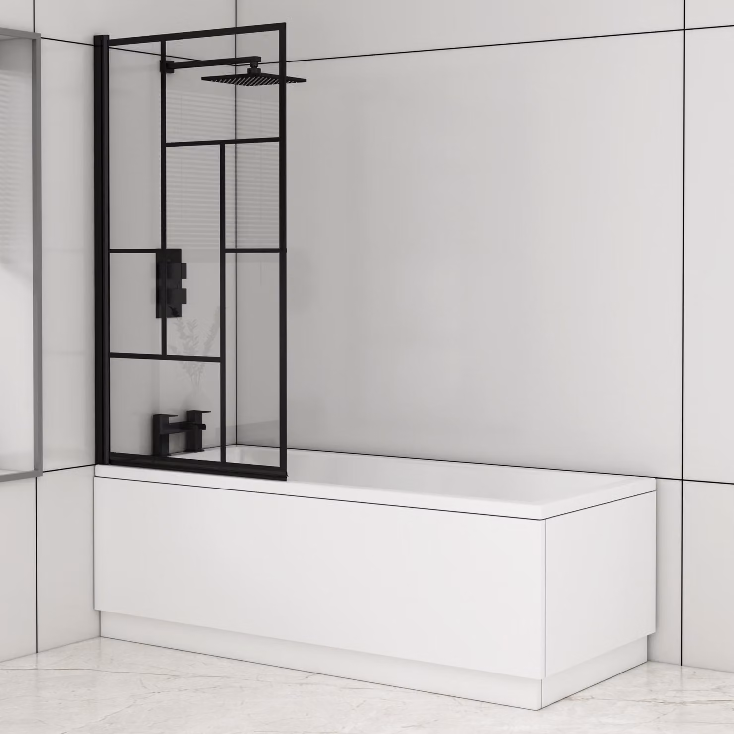 Royal Bathrooms Cesar Square Single Ended Acrylic Shower Bath in White with Black Abstract Grid Screen, W/D/H: 140 x 70 x 44 cm