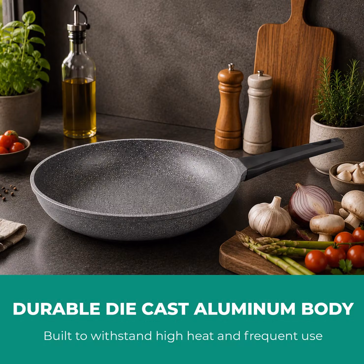 Royalford Non-Stick Grey Frying Pan with Durable Marble Coating, 28 cm Die-Cast Aluminium Skillet – 3