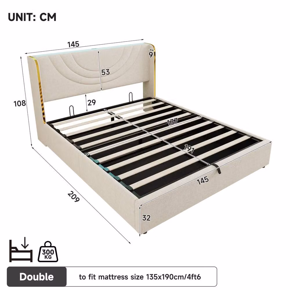 BTM Upholstered Ottoman Storage Bed with LED Under-Bed Lighting and USB Charging Port, Beige, W/D/H: 180 x 200 cm – 5