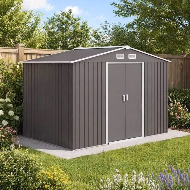 STILVORA Modern Metal Garden Storage Shed with Double Doors and Side Ventilation in Grey, W/D/H: 277 x 192 x 183 cm