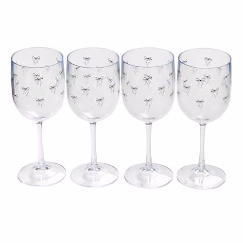 OHS Set of 4 Reusable Plastic Bow Print Wine and Champagne Glasses in Black and Transparent