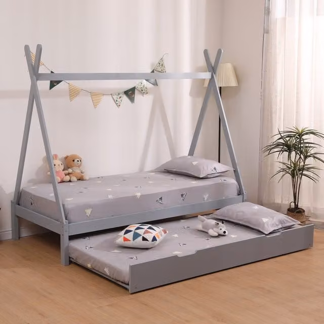 SlumberWorx Harry Kids Wooden Teepee Tent Single Bed Frame with Guest Trundle and Mattresses in Grey and White, Solid Pine Wood, 90 x 190 cm