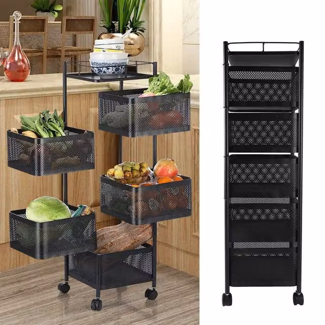 SPETLEK Mobile Black Metal Vegetable Shelf Rack for Kitchen Utility