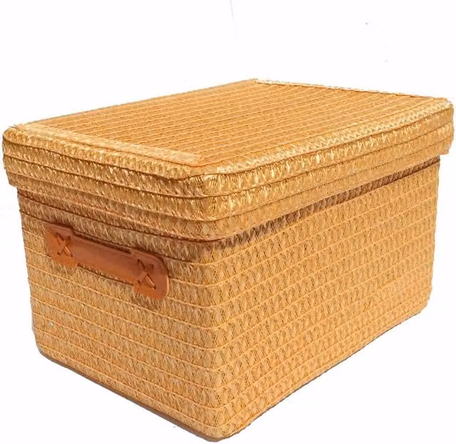 Topfurnishing Orange Seagrass Storage Basket with Handles and Lid, Height: 23 cm