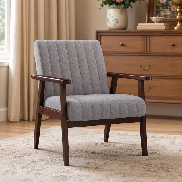 STILVORA Mid-Century Grey Linen-Look Upholstered Armchair with Wood Frame – 1