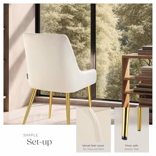tectake Set of 6 Avane Dining Chairs with Armrests in Beige Velvet Look and Gold Metal Legs – 3