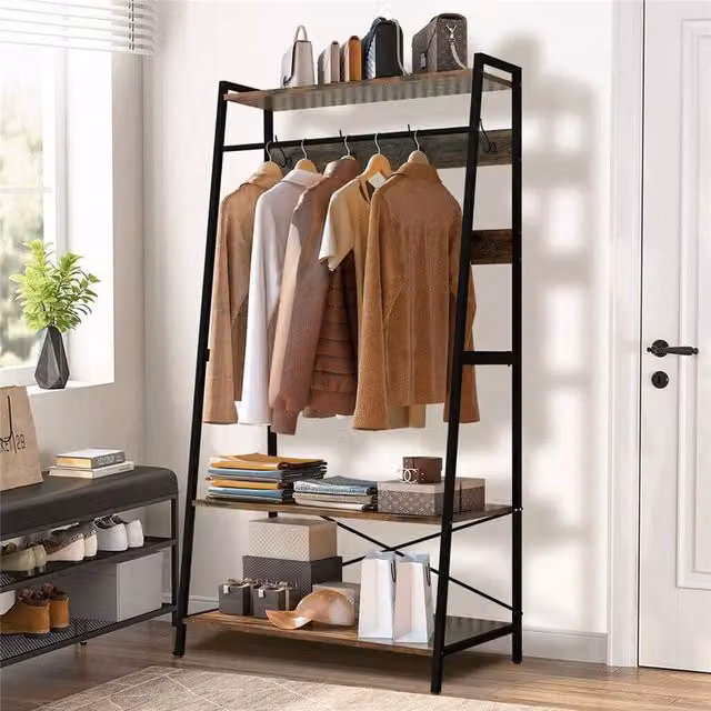 ERGOVEXA Industrial Wooden Clothes Rail and Scarf Cap Hanger in Black