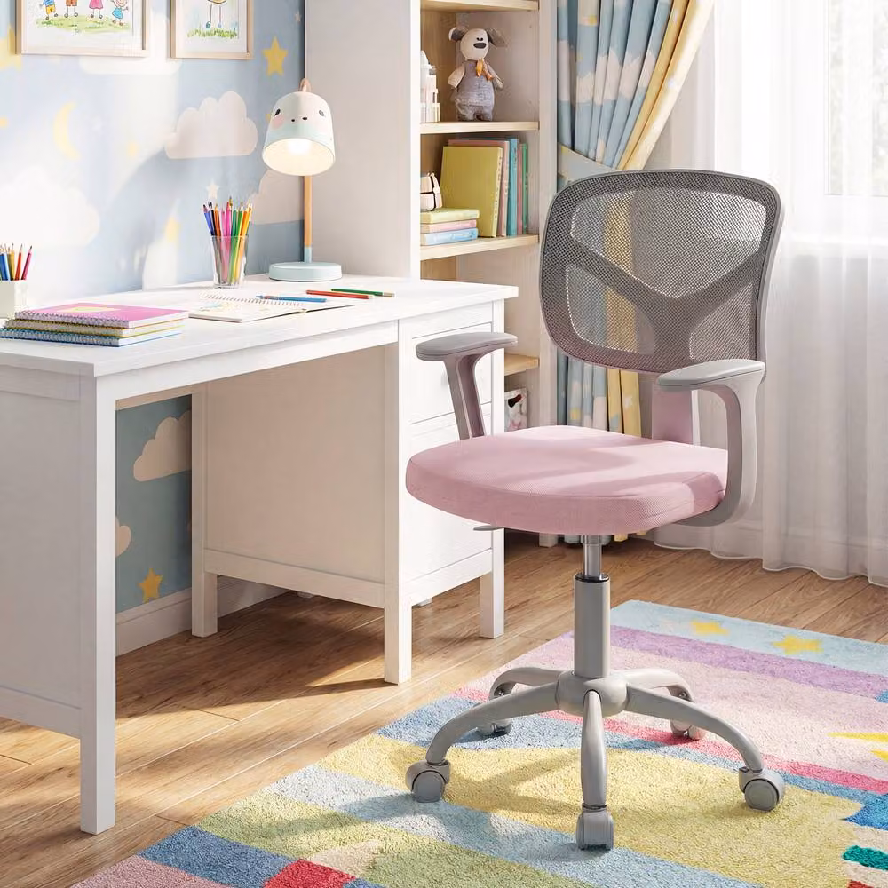Costway Pink Mesh Kids Study Chair with Armrests and Swivel Function – 3